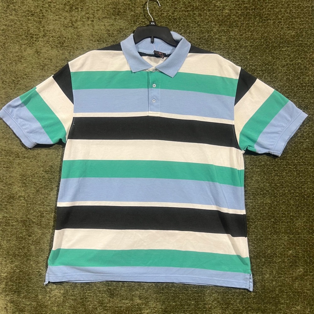 Blac Lacquer Polo Shirt Mens 3XL Blue Green Striped Short Sleeve Cotton Blend